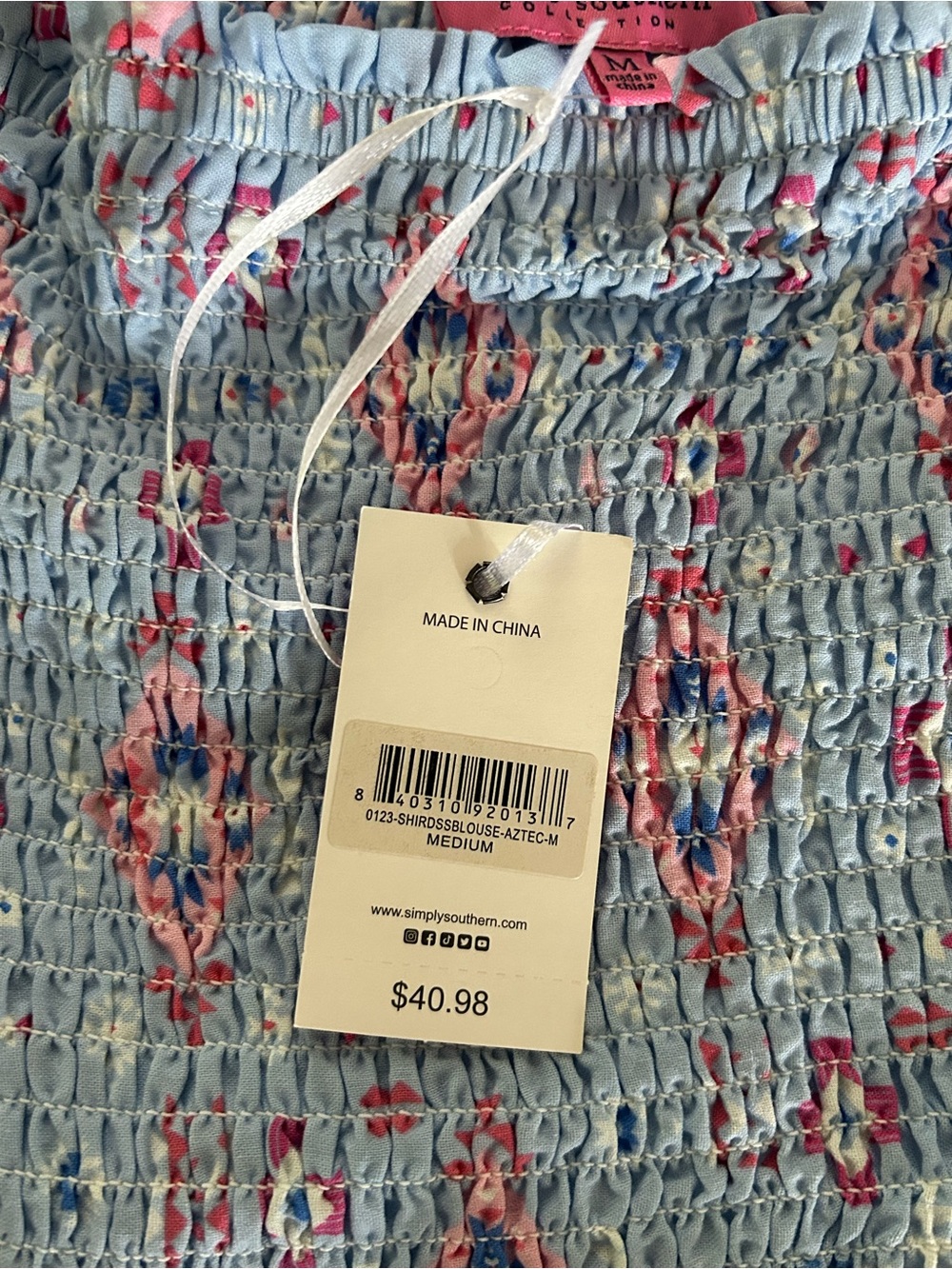 Simply Southern Smock Peplum Blouse Puff Sleeves Aztec Print Blue Pink NWT SZ M - Picture 10 of 13